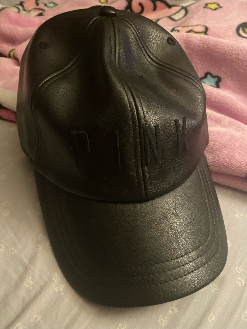 PINK Victoria's Secret Black Faux Leather Baseball Cap